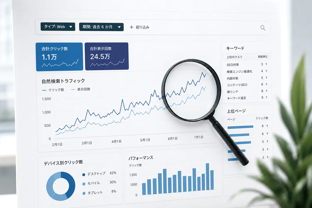 自然検索トラフィックとキーワード順位を分析している画面