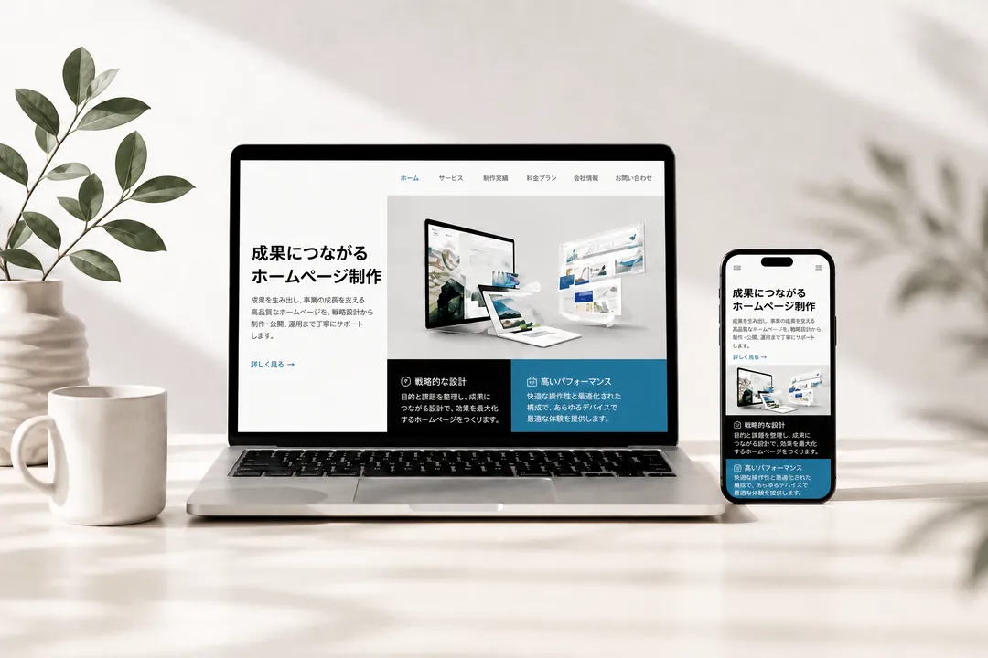 ノートPCとスマートフォンで表示を確認しているホームページ制作の画面