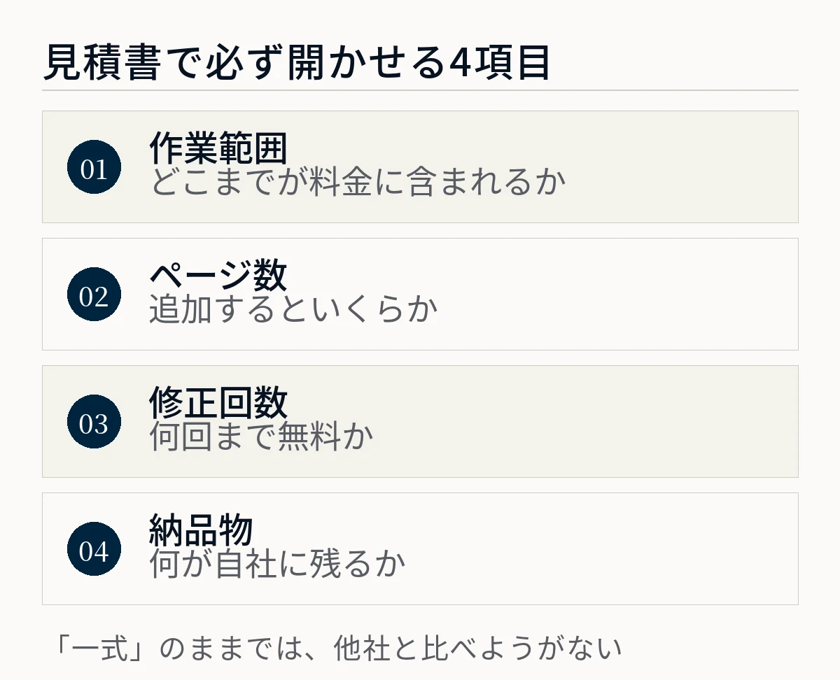 見積書で必ず開かせる4項目を示した図。作業範囲はどこまでが料金に含まれるか、ページ数は追加するといくらか、修正回数は何回まで無料か、納品物は何が自社に残るかを確認する