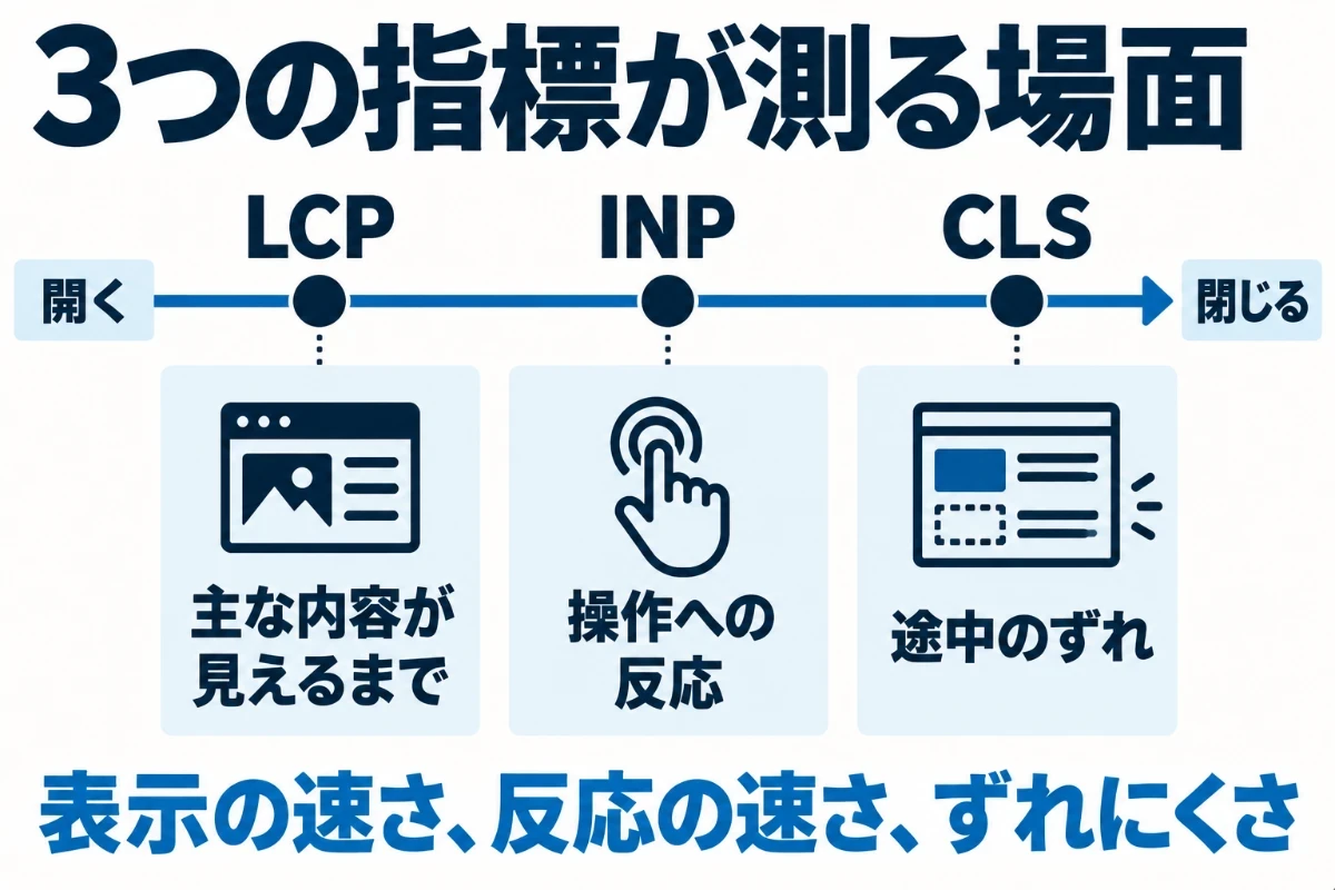 ページを開いてから閉じるまでの時間の流れの上に3つの指標を置き、LCPは開いてから主な内容が見えるまで、INPは読者が操作したときの反応、CLSは見ている途中に起きるレイアウトのずれを測ることを示した図