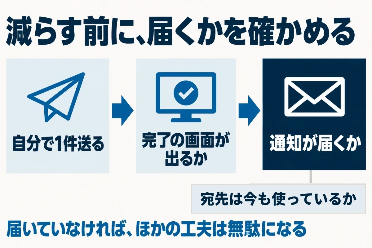 問い合わせフォームは、項目を減らす前に、自分で1件送って完了の画面が出るか、通知のメールが届くか、通知の宛先が今も使われているかを確かめ、届いていない状態に先に気づくことを示した図