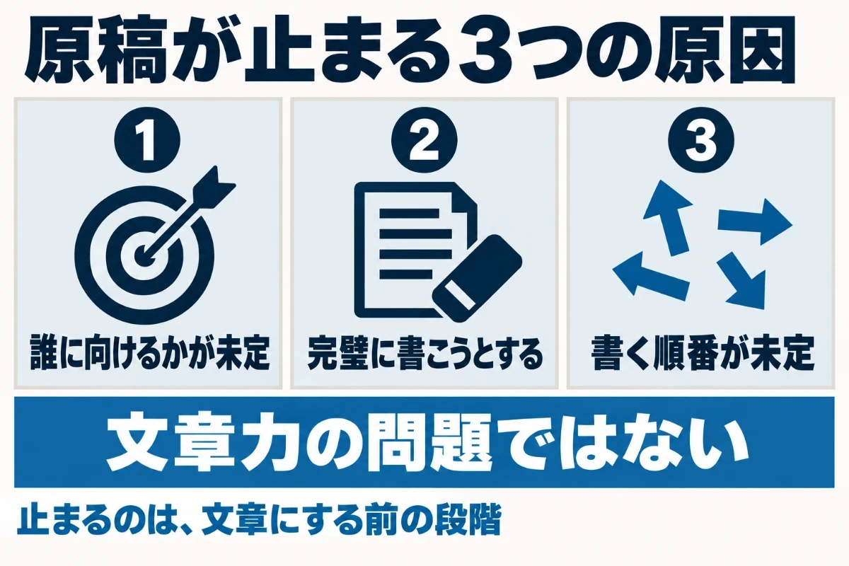 ホームページの原稿が止まる原因は文章力ではなく、誰に向けるかが決まっていない、完璧に書こうとしている、書く順番が決まっていないの3つで、どれも文章にする前に決めることが残っている状態であることを示した図