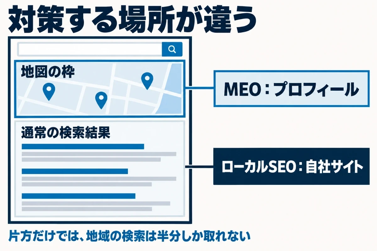地域名と業種で検索すると、地図付きの枠と、その下の通常の検索結果が同時に出て、地図の枠はGoogleビジネスプロフィールで整えるMEO、通常の検索結果は自社サイトのページで整えるローカルSEOの対象であることを示した図