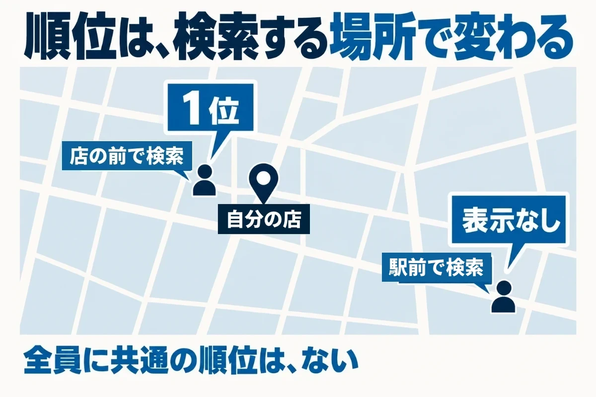 同じ言葉でGoogleマップを検索しても、店の前で検索した人には1位で表示され、駅前で検索した人には表示されないことがあり、順位は検索する人の位置によって変わることを示した図