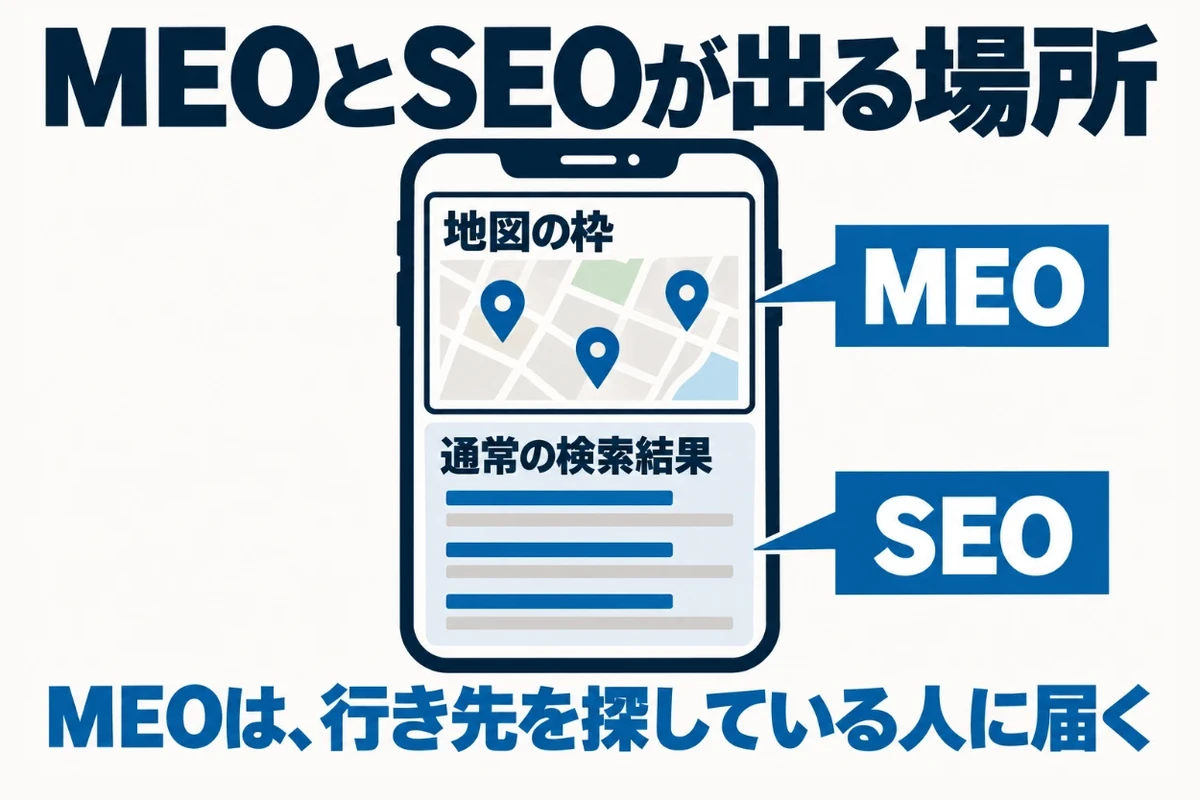地域名と業種で検索したときに通常の検索結果より上に表示される地図とお店の枠と、その下の通常の検索結果を並べ、MEO対策は地図の枠に、SEOは通常の検索結果に出るための施策であることを示した図