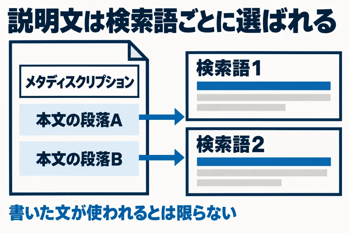 Googleは検索結果の説明文を主にページの本文から作り、メタディスクリプションのほうがページをよく表しているときだけそれを使うため、検索した言葉によって本文の別の箇所が選ばれることを示した図