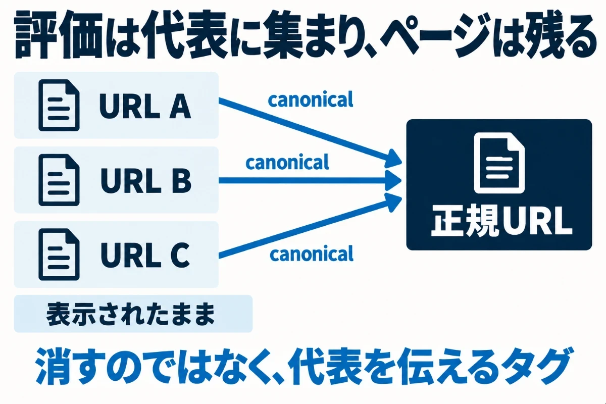 同じ内容の3つのURLがあり、canonicalで1つを代表に選ぶと評価のシグナルがそこへ集まる一方、ほかの2つのページも表示されたまま残ることを示した図