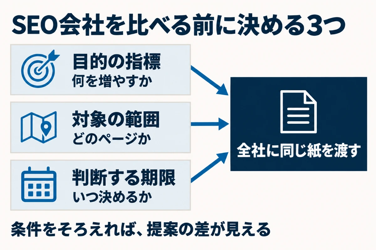 SEO会社に問い合わせる前に自社で決める3つとして、目的の指標、対象の範囲、判断する期限を並べ、3つを同じ紙で全社に渡すことを示した図