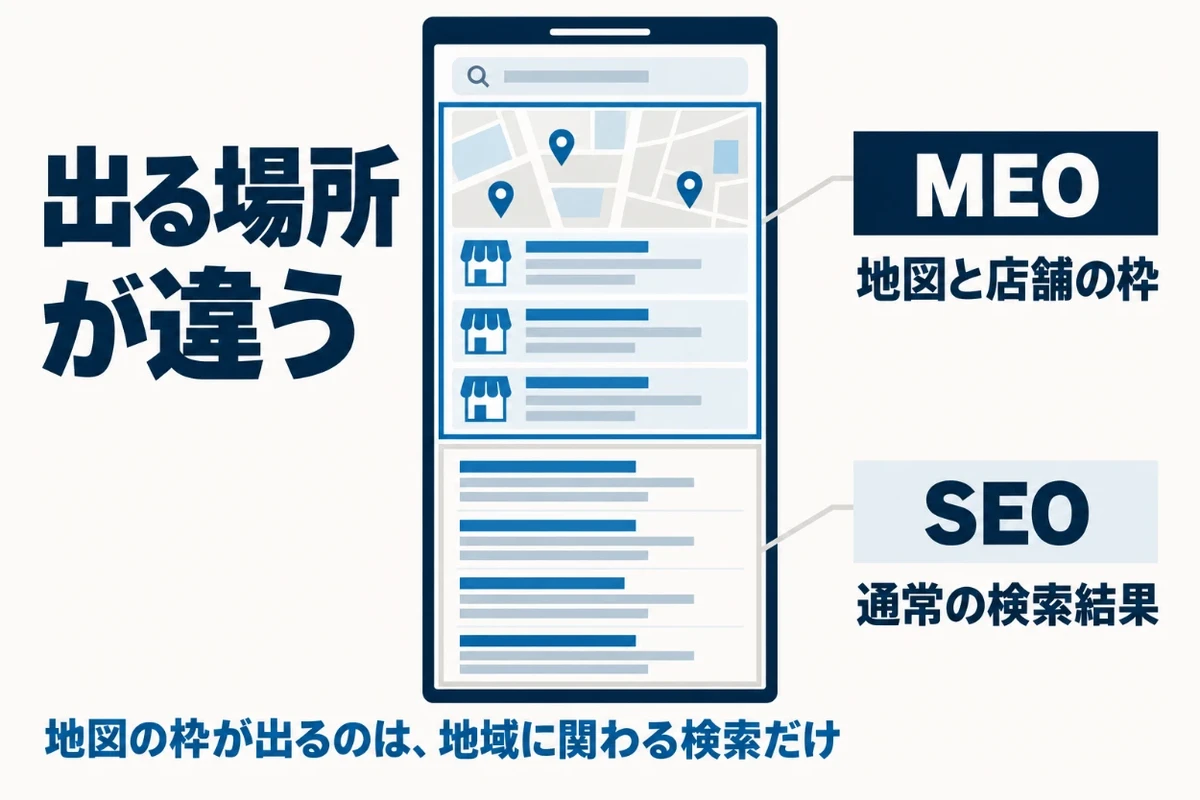 地域に関わる言葉で検索すると、画面の上部に地図と店舗の枠が出てその下に通常の検索結果が続き、地図の枠に出るための対策がMEO、下の並びに出るための対策がSEOであることを示した図