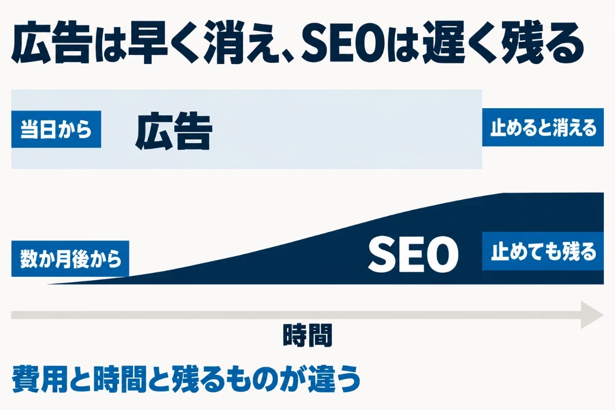 リスティング広告は出したその日から表示されるがクリックのたびに費用がかかり止めると流入が消え、SEOは成果が出るまで数か月かかるが公開した記事は止めたあとも残ることを、時間の流れで比べた図