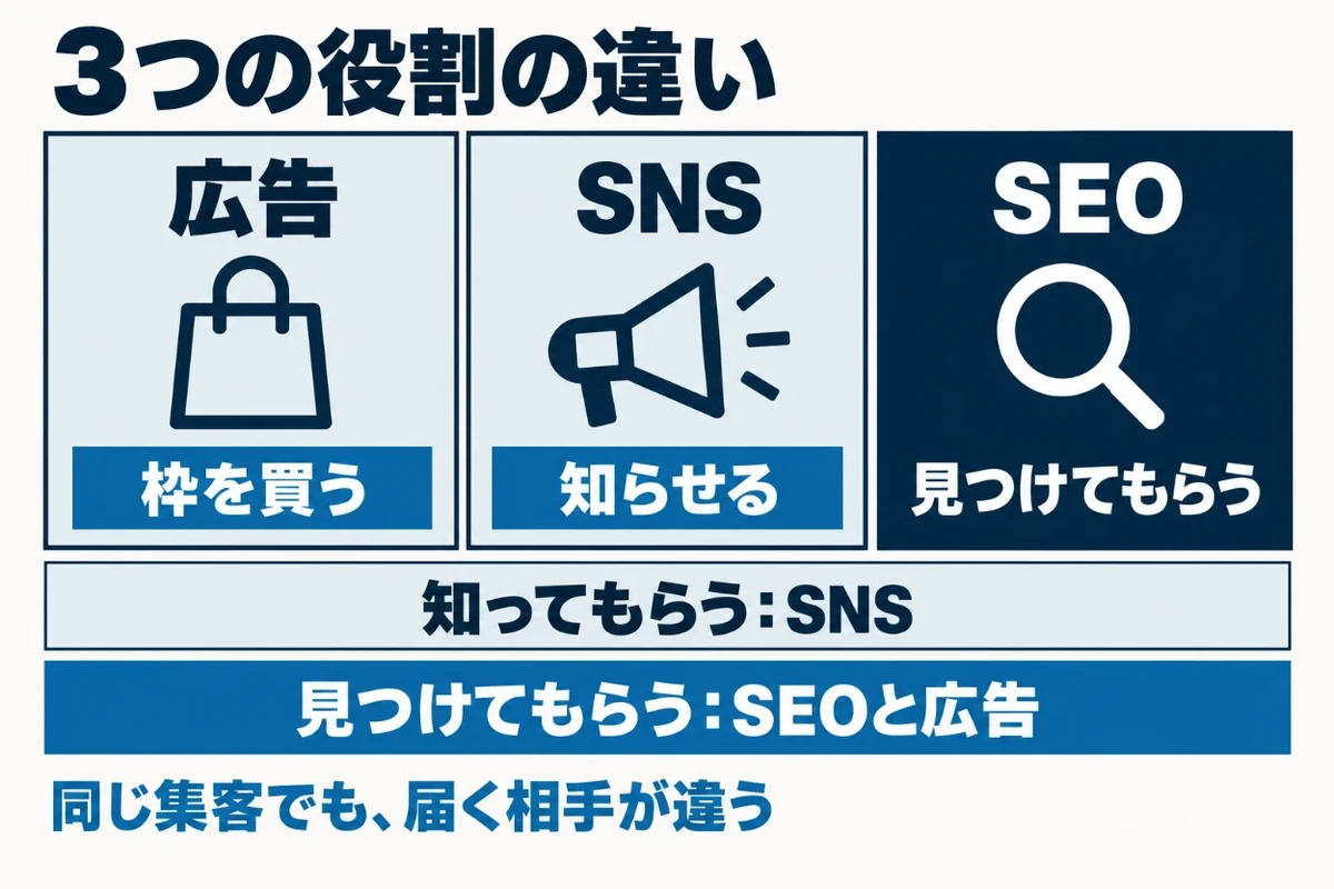広告は費用を払って表示の枠を買い、SNSはまだ探していない人にこちらから知らせ、SEOはすでに探している人に見つけてもらうというように、3つは同じ集客でも役割と届く相手が違うことを示した図