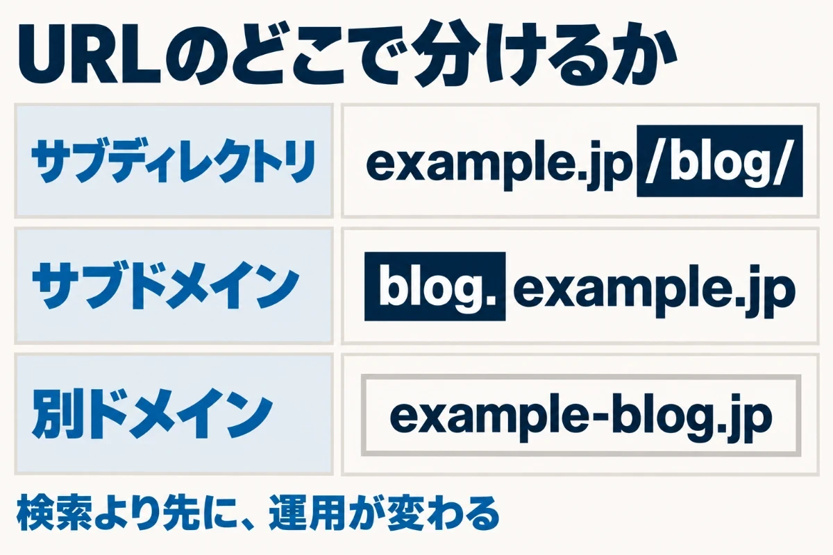 同じドメインの中に階層を作るサブディレクトリ、ドメイン名の前に別の文字列を付けるサブドメイン、ドメインごと別に取る別ドメインの3つを、URLのどの部分が変わるかで並べた図