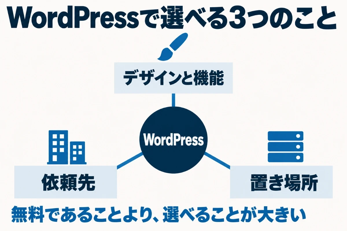 WordPressで作るメリットとして、デザインと機能を選べる、依頼先を選べる、サイトの置き場所を選べるという3つの選べることを並べた図