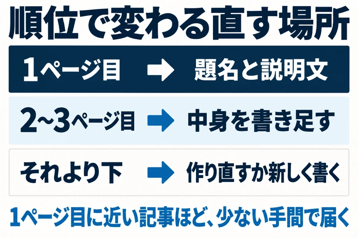 今の順位によって直す場所が変わることを、1ページ目は題名と説明文、2ページ目から3ページ目は中身を書き足す、それより下は作り直すか新しく書く、の3段に分けて示した図