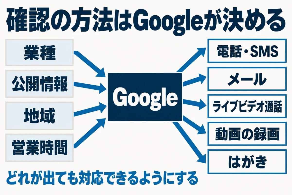 オーナー確認で使える方法は、業種、公開されている情報、地域、営業時間によってGoogleが決め、電話、メール、ライブビデオ通話、動画の録画、はがきのうち表示されたものを使うことを示した図