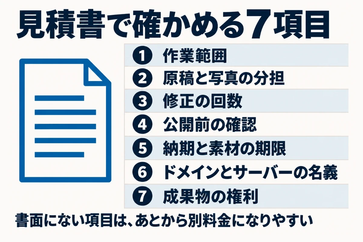 ホームページ制作会社の見積書で確かめる7項目として、作業範囲、原稿と写真の分担、修正の回数、公開前の確認、納期と素材の期限、ドメインとサーバーの名義、成果物の権利を一覧にした図