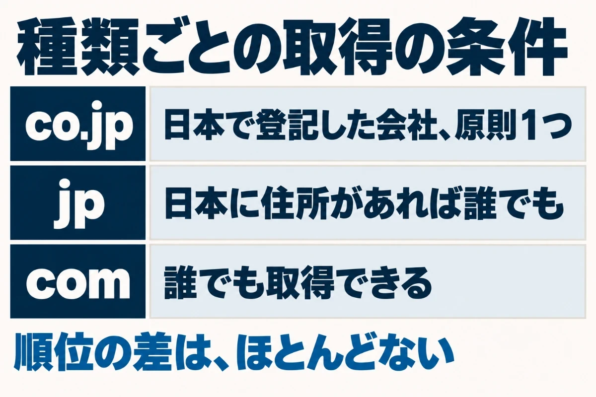 ホームページでよく使うドメインの種類は、日本で登記した会社が原則1つだけ取れるco.jp、日本に住所があれば個人でも取れるjp、条件なしで誰でも取れるcomの3つで、取得の条件が違うことを示した図