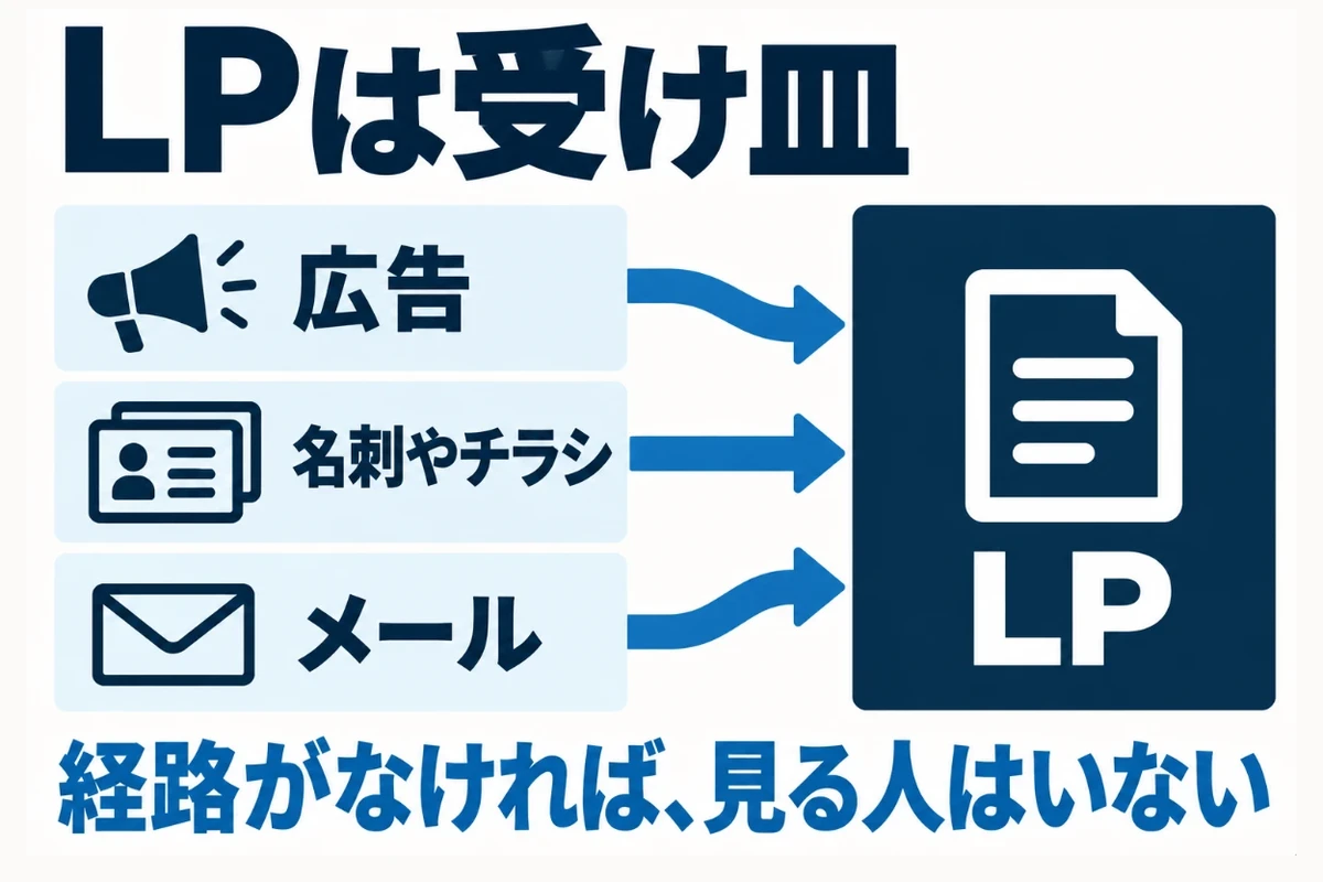 LPは来た人を受け止める受け皿で、人を連れてくるのは広告や名刺、チラシなどの別の経路であり、経路を用意しないと誰も見ないページが残ることを示した図