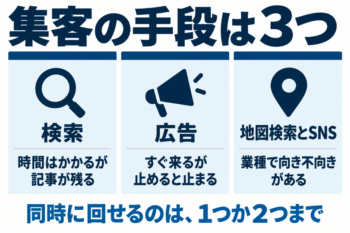 ホームページの集客手段を、検索からの集客、広告、地図検索とSNSの3つに分け、それぞれ費用のかかり方、成果までの時間、止めたあとに残るものが違うことを示した図