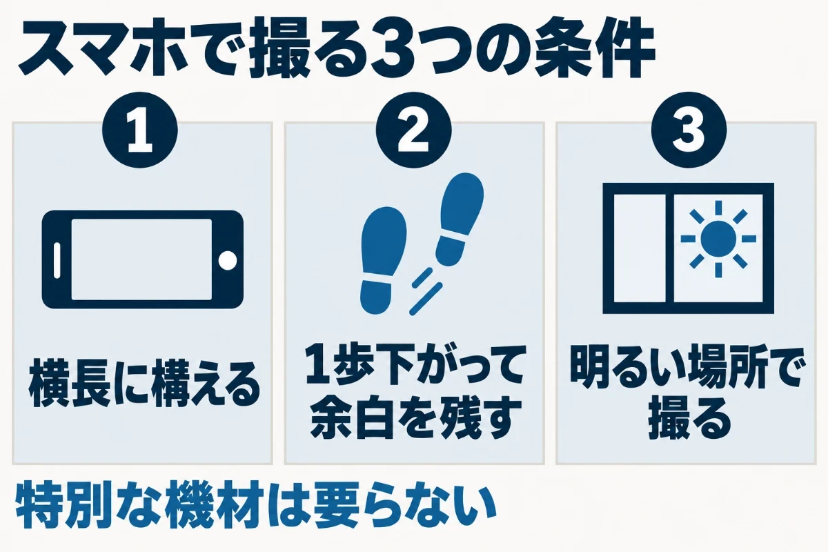 ホームページに載せる写真をスマホで撮るときは、横長に構えること、被写体から少し離れて周りに余白を残すこと、窓際や屋外など明るい場所で撮ることの3つを守れば、特別な機材がなくても使える写真になることを示した図