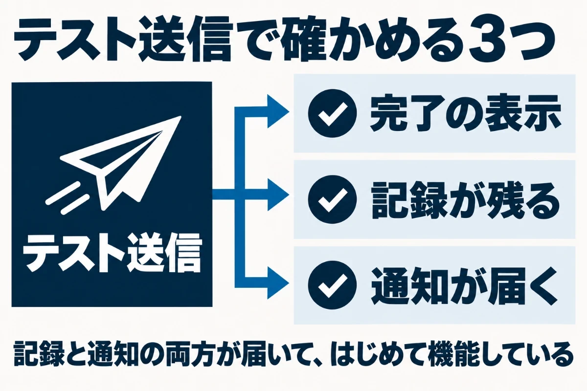 問い合わせフォームが機能しているかを確かめる流れとして、自分でテスト送信し、完了の表示、記録、通知メールの3つが届くかを順に確かめることを示した図
