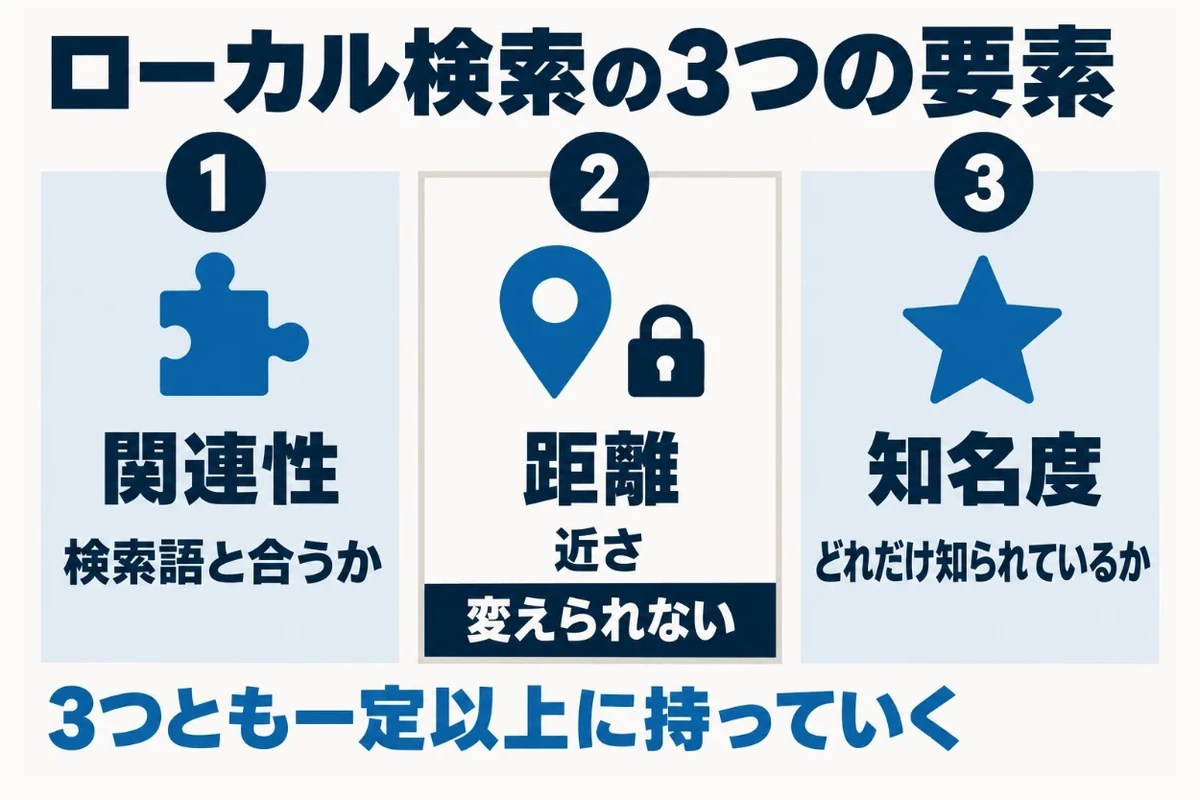 Googleのローカル検索の結果は、検索語とプロフィールが合う度合いの関連性、検索した人からの近さの距離、どれだけ広く知られているかの知名度の3つの組み合わせで決まり、自分で変えられないのは距離だけであることを示した図