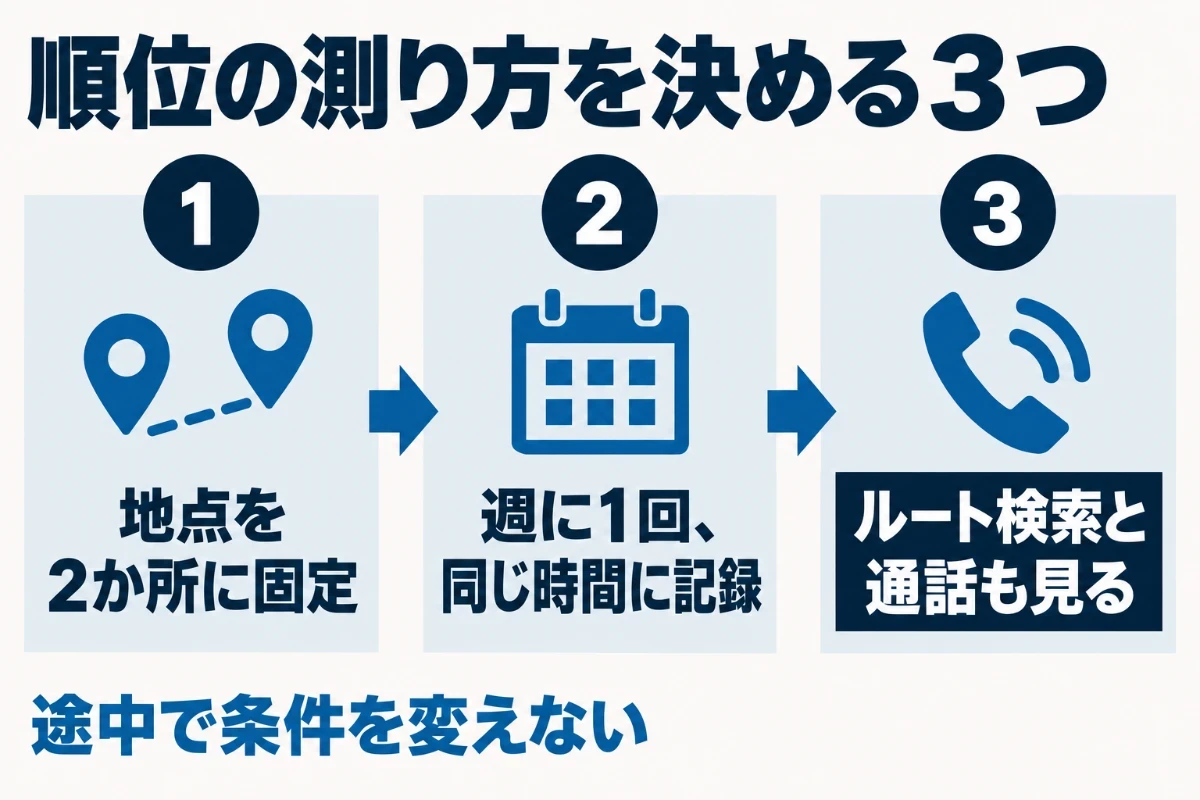 MEOの順位を測るときは、店の前と集客したい範囲の端の2地点を決め、週に1回同じ曜日と時間に記録し、順位と一緒に管理画面のルート検索と通話の数を見るという手順を示した図