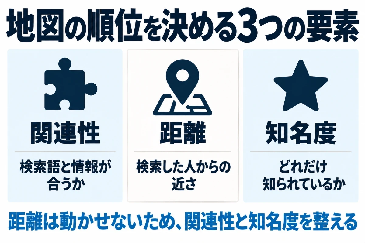 Googleの地図での表示を決める3つの要素として、検索語句とビジネス情報が合う度合いの関連性、検索した人からの距離、ビジネスがどれだけ知られているかの知名度を並べた図