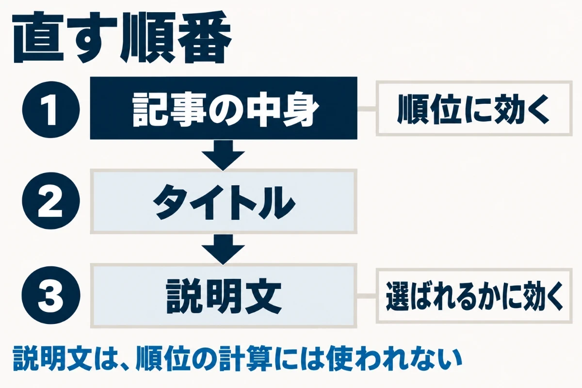 メタディスクリプションは検索順位の計算には使われず、検索結果に並んだときに選ばれるかどうかに関わるため、直す順番は記事の中身、タイトル、説明文の順になることを示した図