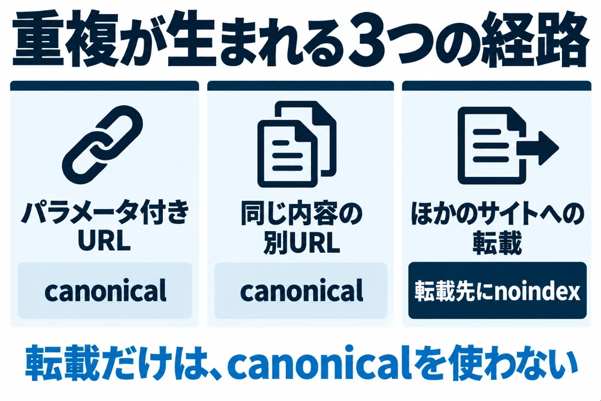 パラメータが付いたURL、同じ内容を別のURLで出しているページ、ほかのサイトへの転載の3つを並べ、前の2つはcanonicalで代表を決め、転載は転載先にnoindexを付けてもらうことを示した図
