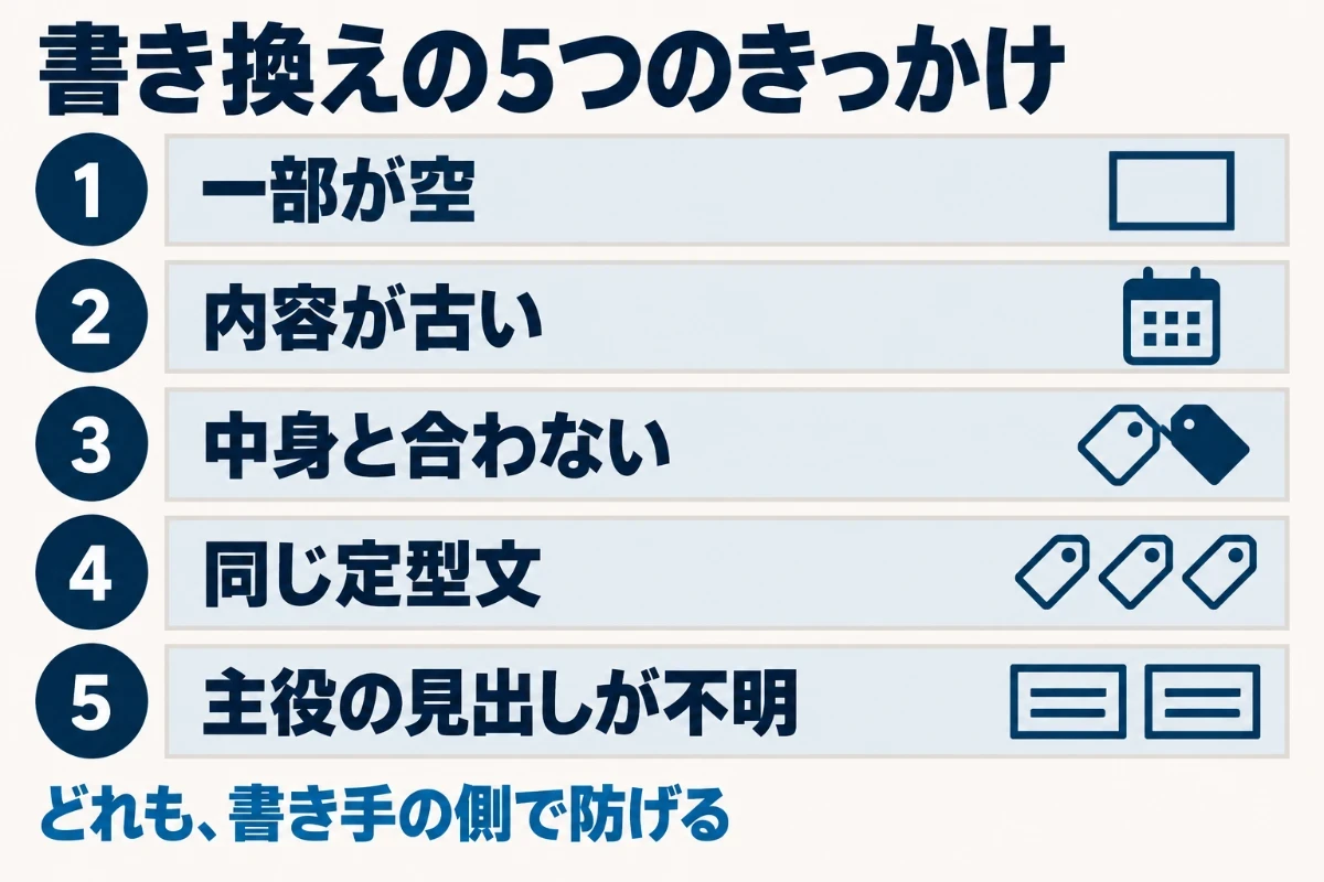 Googleがtitle要素を使わずに別の文を選ぶきっかけとして、一部が空になっている、内容が古い、中身と合っていない、同じ定型文が並んでいる、メインのタイトルがはっきりしないという5つを並べた図