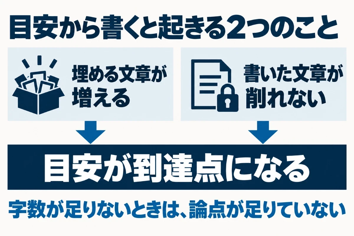 3000字などの目安から書き始めると、足りない分を埋める文章が増えることと、一度書いた文章が削れなくなることの2つが起き、記事が下限の近くに張り付くことを示した図