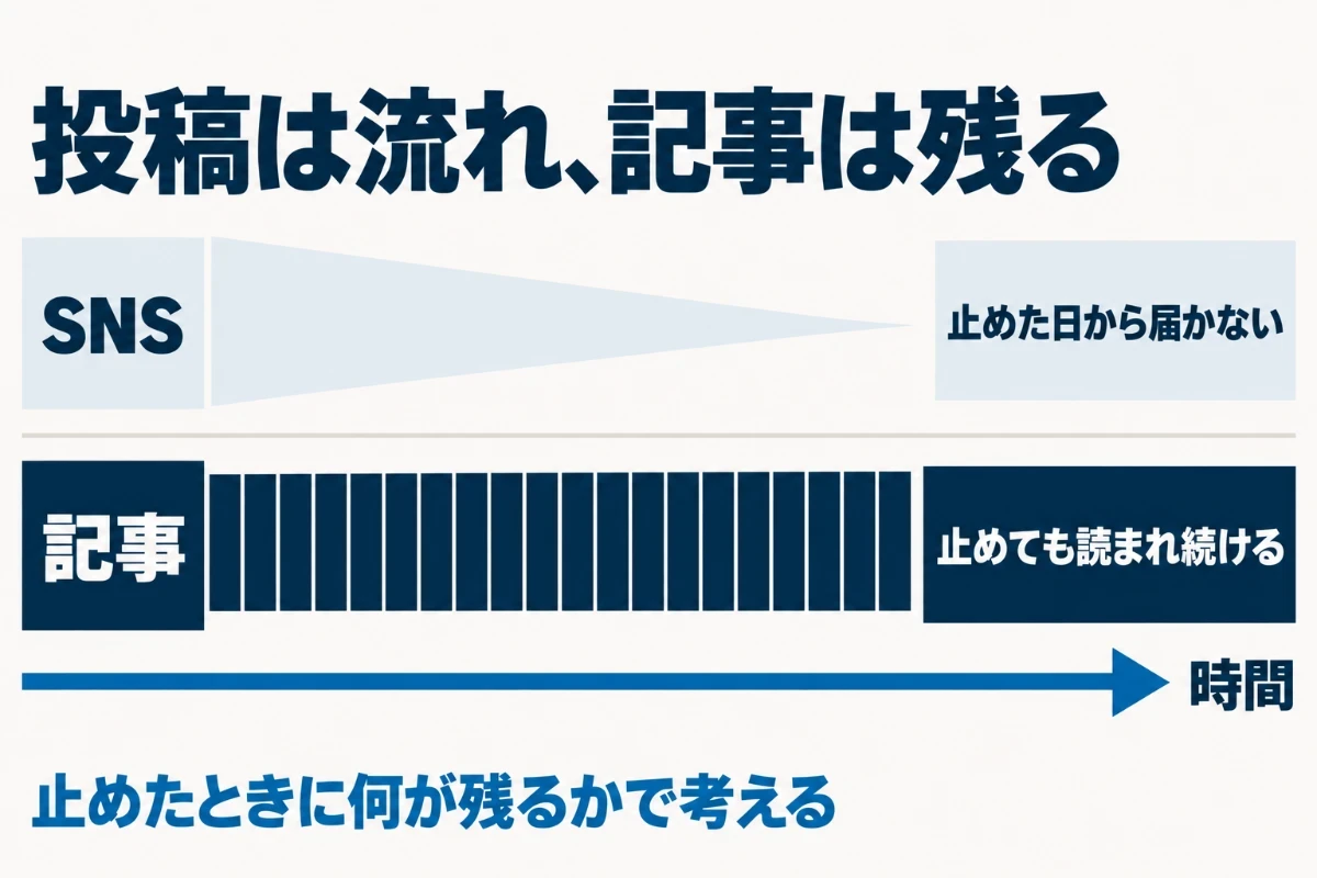 SNSの投稿は数日で流れて止めた日から届かなくなるのに対し、記事は検索から年単位で読まれ、更新を止めてもしばらく流入が続くことを時間の流れで比べた図