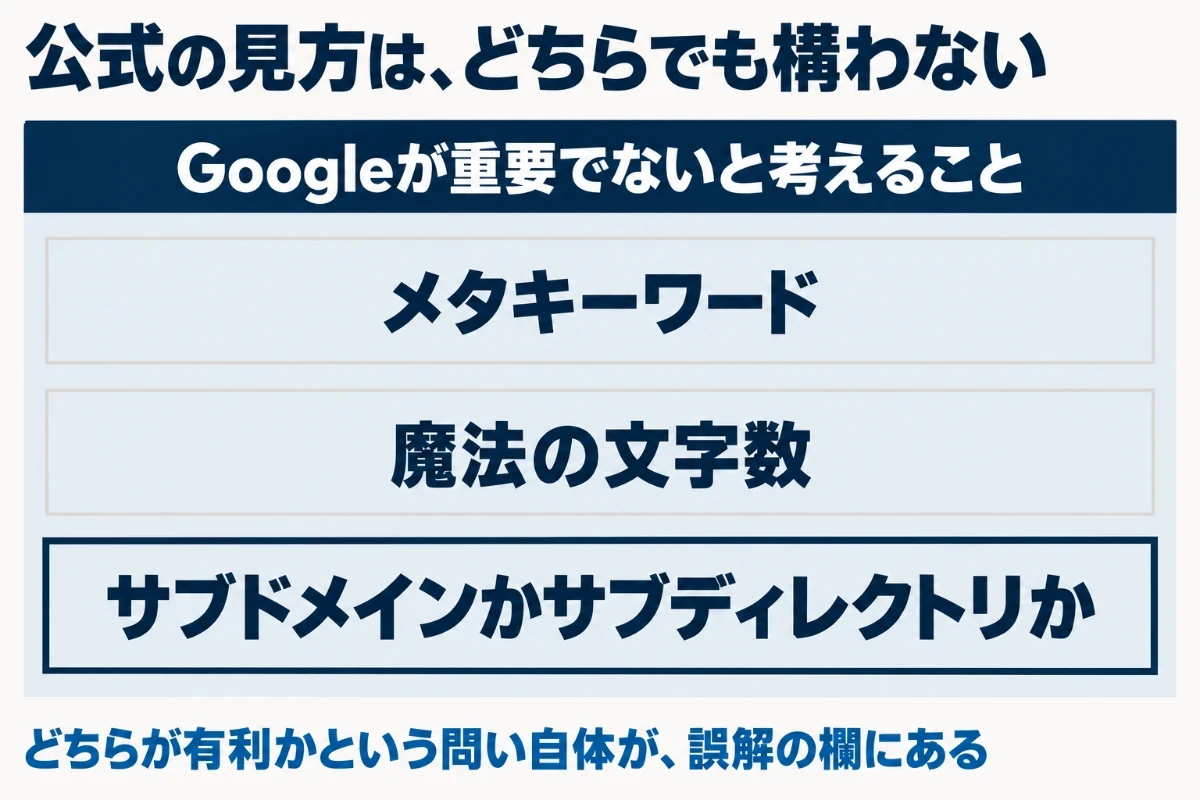GoogleのSEOスターターガイドでは、サブドメインかサブディレクトリかはビジネス上意味があればどちらでも構わないとされ、その項目はGoogleが重要でないと考えることを集めた欄の中に置かれていることを示した図