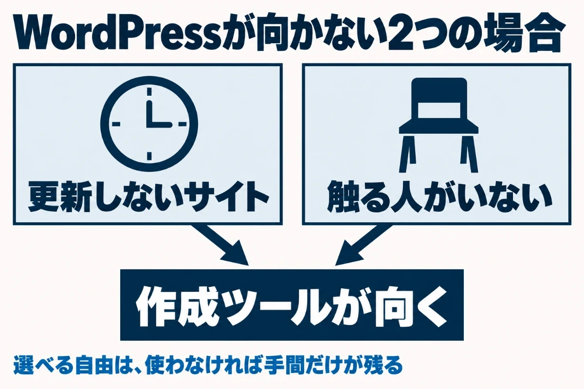 WordPressが向かないのは、公開後に内容を更新しないサイトと、社内にサイトを触る人がいない場合の2つで、どちらにも当てはまるなら作成ツールのほうが続けやすいことを示した図