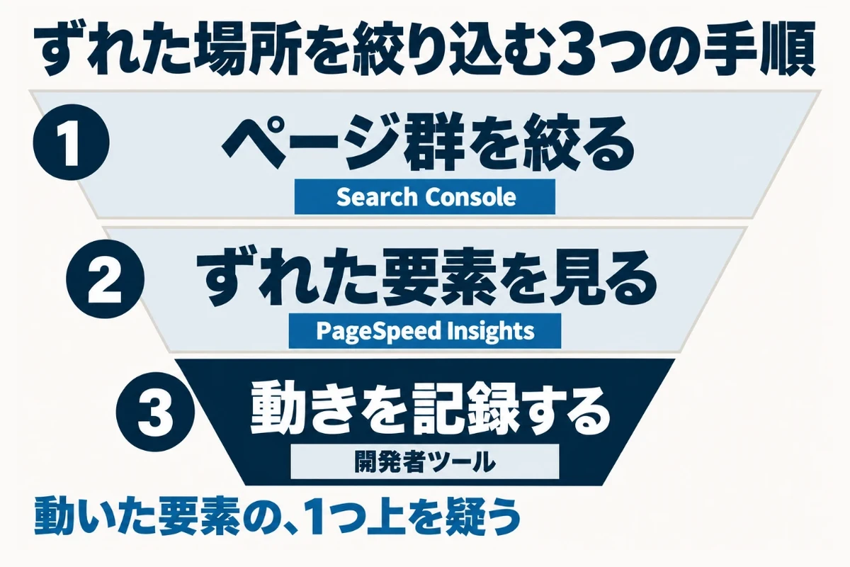 Search Consoleでずれが起きているページ群を絞り、PageSpeed Insightsで代表のページのずれた要素を見て、開発者ツールで動いた要素とその上にある原因を特定する順番を示した図