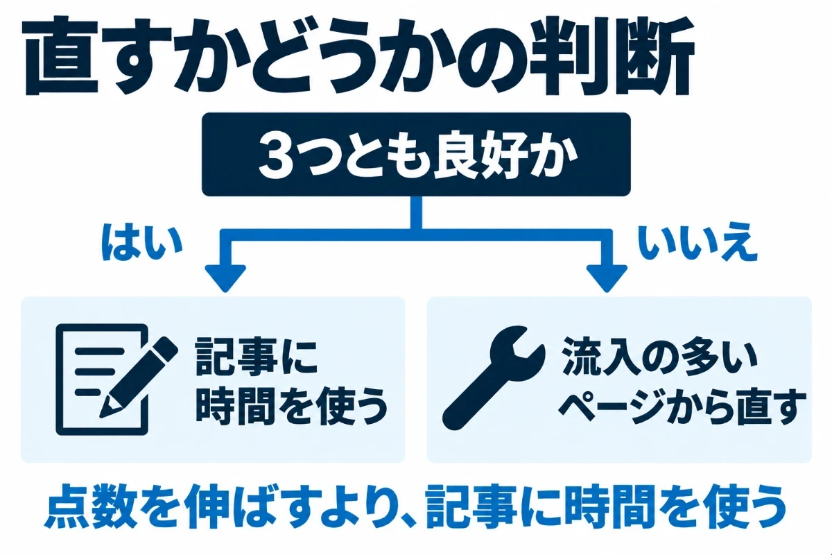 Core Web Vitalsの3つが良好ならそれ以上の最適化は後回しにし、数値が悪いページがある場合も流入の多いページから直すという、直す順番の判断を示した図