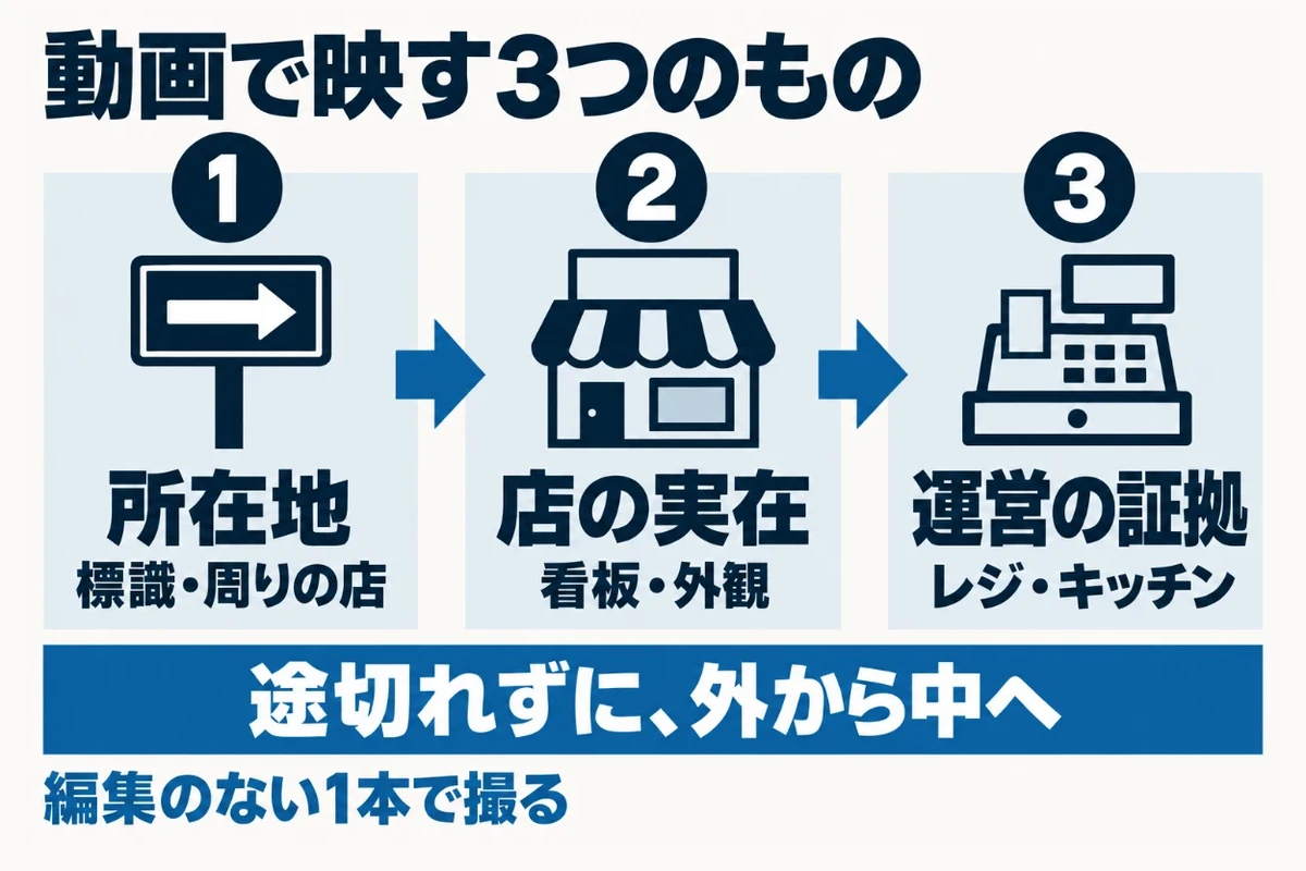 オーナー確認の動画では、道路の標識や周りの店で所在地を示し、看板や店の外観で実在を示し、レジやキッチンなど従業員しか入れない場所で運営していることを示すという3つを、途切れずに続けて撮ることを示した図