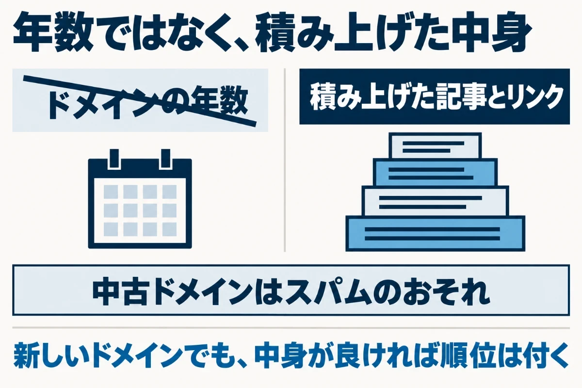 古いドメインのサイトが上位にあるのは、長い期間に記事を積み外部からのリンクを得てきた結果であり、ドメイン名に入れた言葉の効果もほとんどなく、中古のドメインを順位のために買うとスパムのポリシーに触れるおそれがあることを示した図