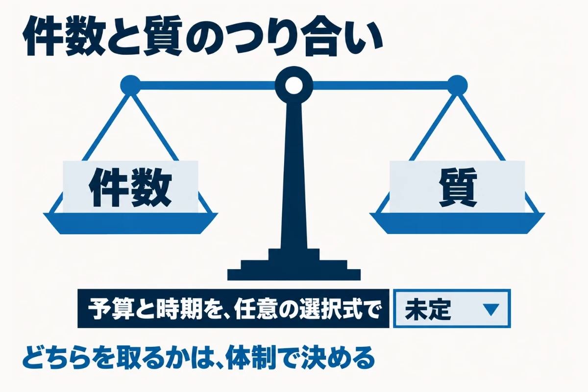 問い合わせフォームの項目を減らすと件数は増えやすいが、まだ検討の浅い問い合わせも増えるため、予算や時期を任意の選択式で置くと、件数を落とさずに検討の進み具合が分かることを示した図