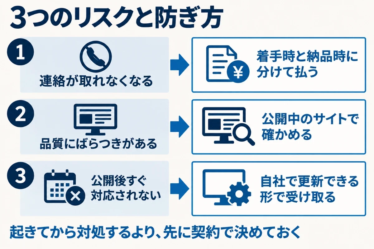 個人にホームページ制作を頼むときのリスクとして、途中で連絡が取れなくなる、品質にばらつきがある、公開後すぐに対応してもらえない、の3つを並べ、それぞれを契約と納品の形で防ぐことを示した図