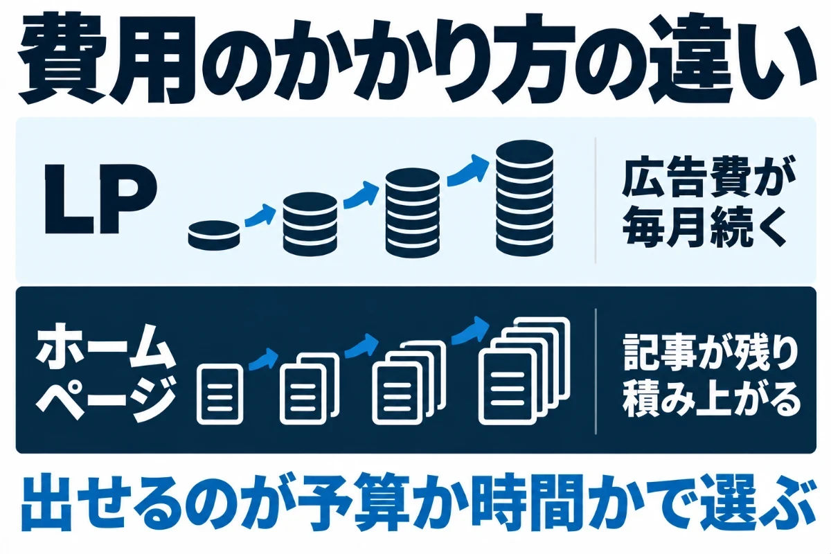 ホームページとLPの費用を時間の流れで比べ、LPは制作費が安くても広告費が毎月続き、ホームページは制作費が高めでも記事を書く時間で流入が積み上がることを示した図