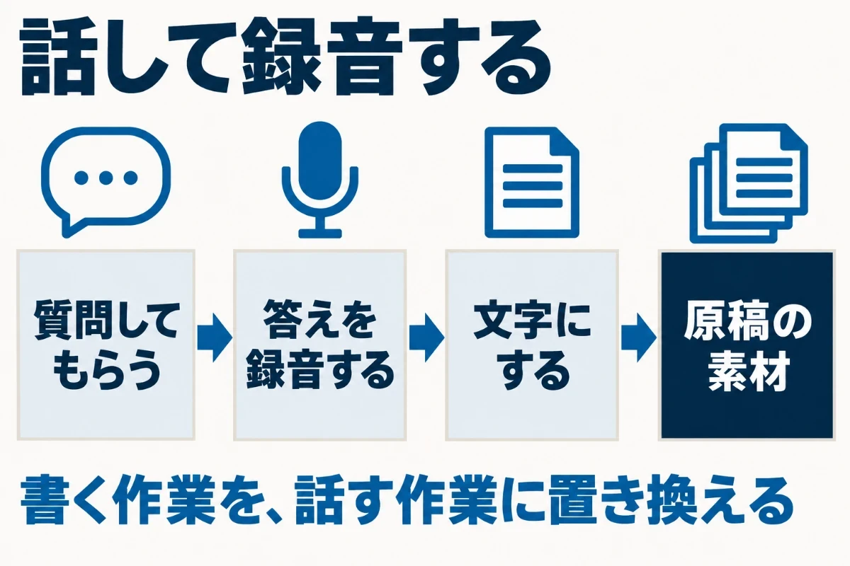 文章が書けない人でも質問されれば答えられるため、誰かに質問してもらって答えを録音し、自動の文字起こしで文字にして、それを原稿の素材にするという流れを示した図