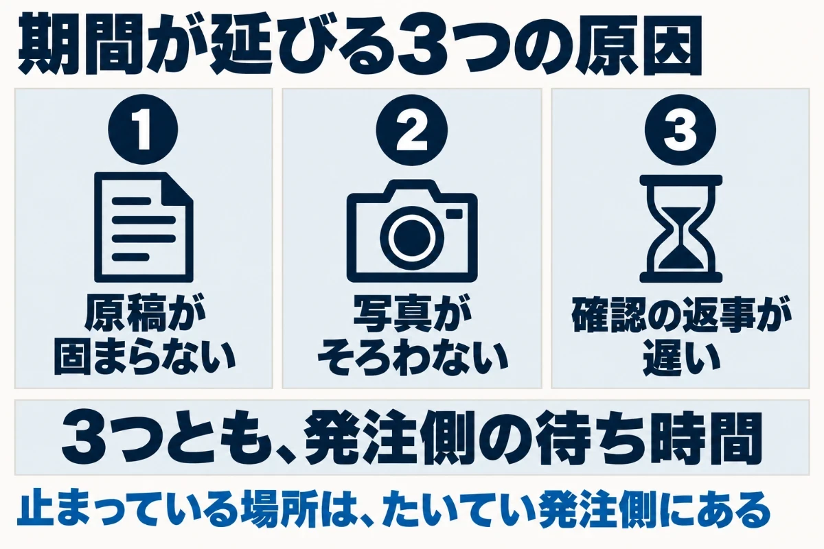 ホームページ制作の期間が延びる原因として、原稿が固まらない、写真がそろわない、確認の返事が遅いの3つを挙げ、どれも発注側の待ち時間であることを示した図