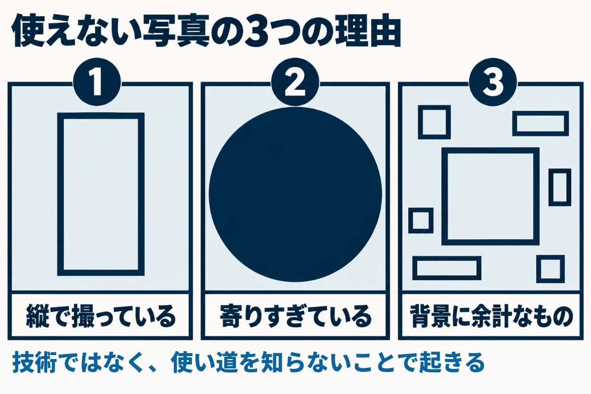 撮った写真が使えなくなる理由は、普段の持ち方のまま縦で撮っていること、被写体に寄りすぎて切り抜く余地がないこと、段ボールや私物など背景に余計なものが写っていることの3つであることを示した図