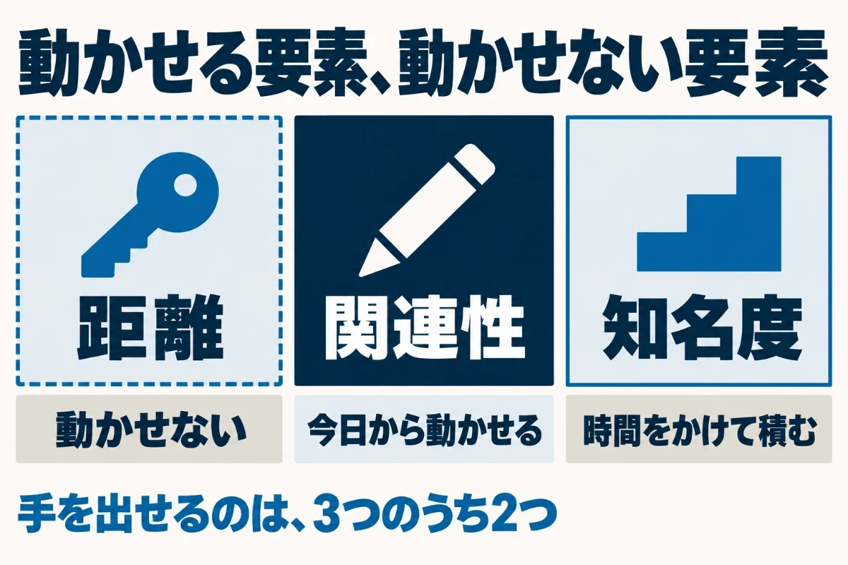 ローカル検索の順位を決める3つの要素のうち、距離は店の場所で決まるため動かせず、関連性は情報の入れ方ですぐに動かせ、知名度は口コミや外部からのリンクで時間をかけて積み上げることを示した図