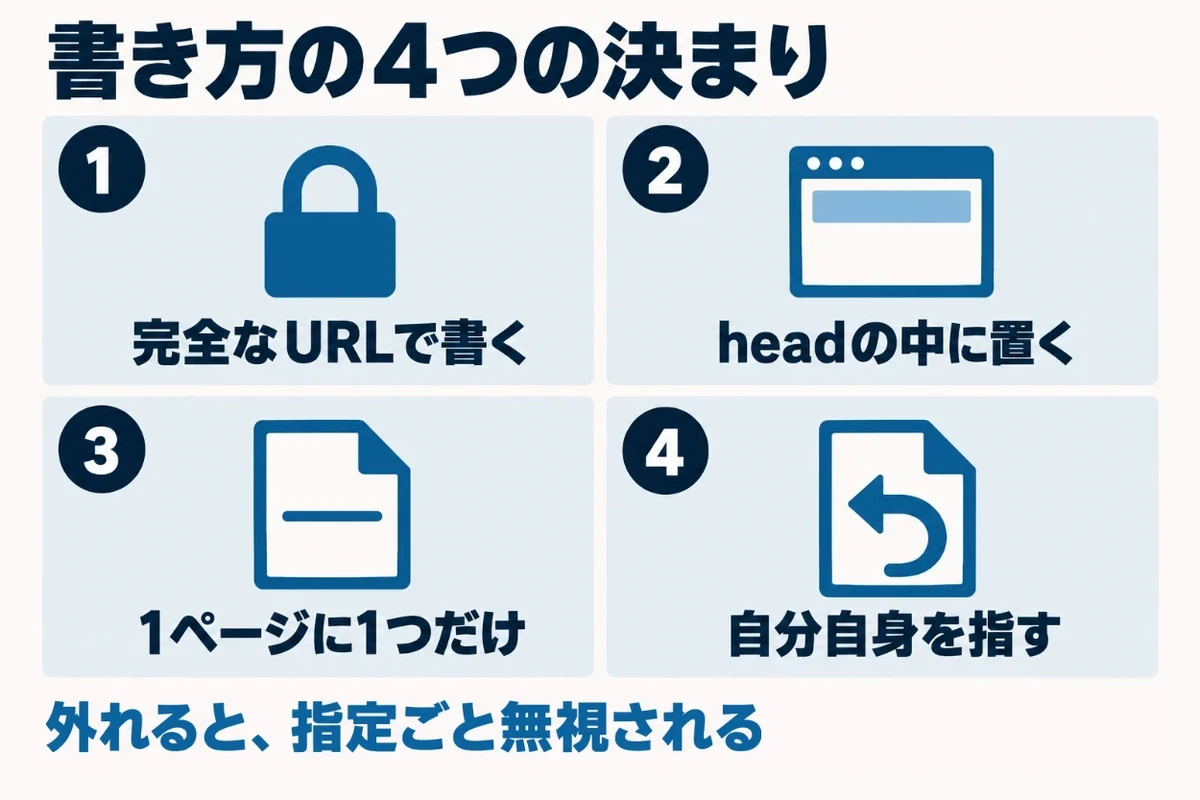 canonicalを書くときの4つの決まりとして、httpsから始まる完全なURLで書く、headの中に置く、1ページに1つだけにする、正規のページでも自分自身を指すの4つを並べた図