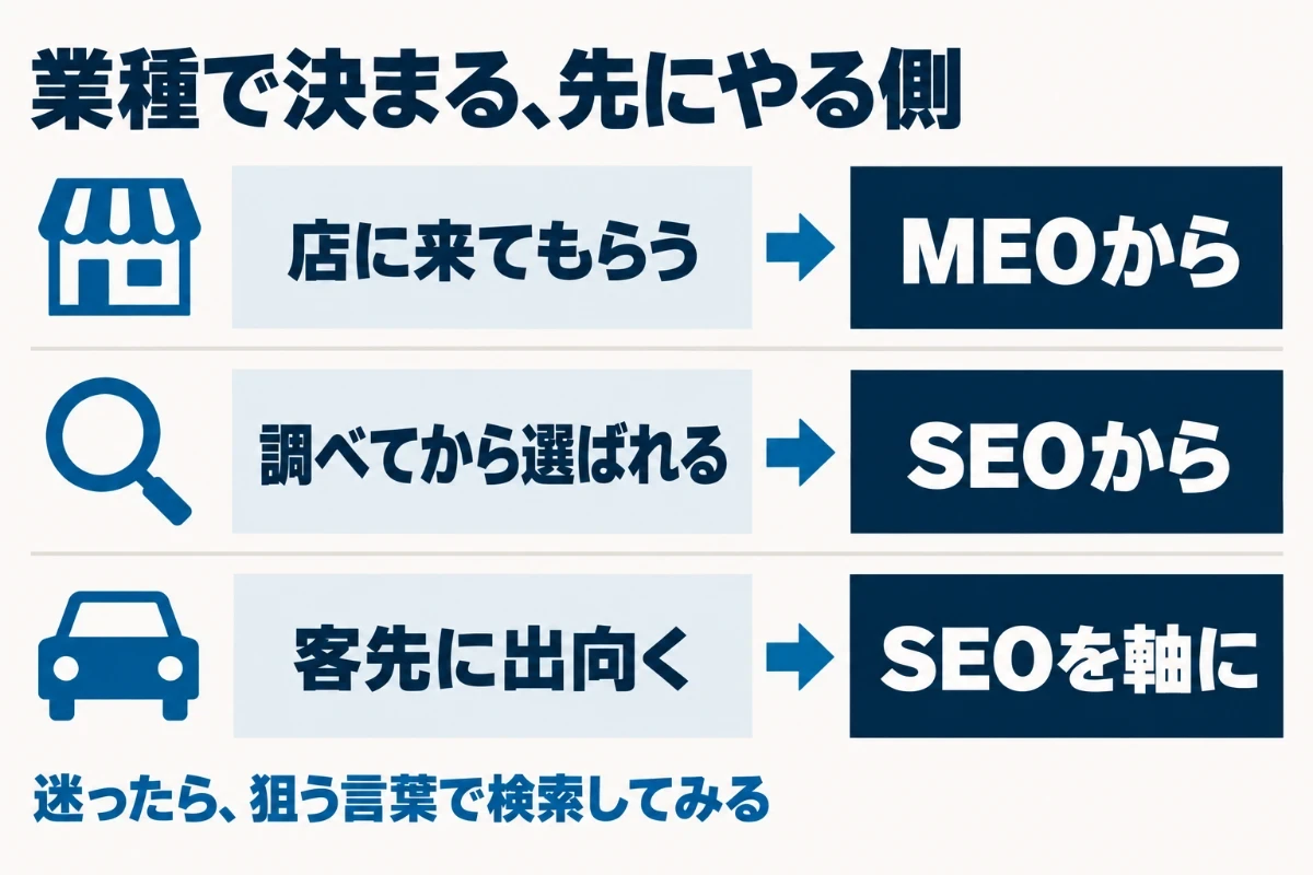 お客さまに店へ来てもらう事業はMEOから、調べてから選ばれる事業はSEOから、客先に出向いて仕事をする事業はSEOを軸にしてMEOはプロフィールを整えるところまで、という業種による選び方を示した図