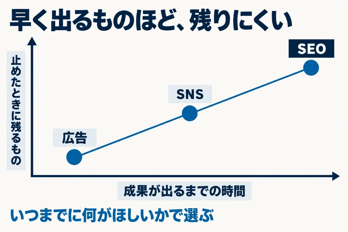 成果が出るまでの時間は、広告が出したその日から、SNSは見てくれる人が増えるまで数か月、SEOは検索に反映されるまで数週間から数か月かかり、早く出るものほど止めたときに残りにくいことを示した図