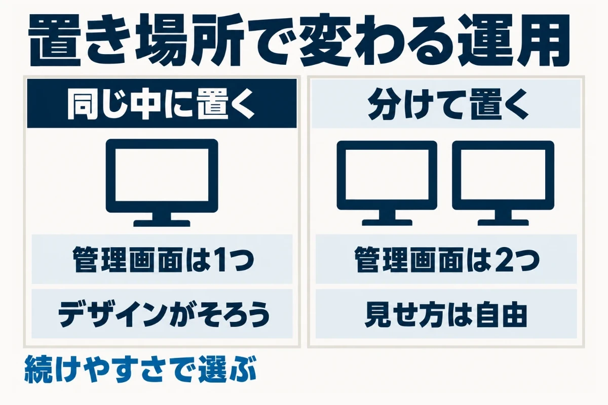 同じ中に置けば管理画面が1つで更新しやすくデザインもそろうが、分ければ見せ方を自由に変えられる代わりに管理画面とロゴや配色の直しが2か所になることを比べた図